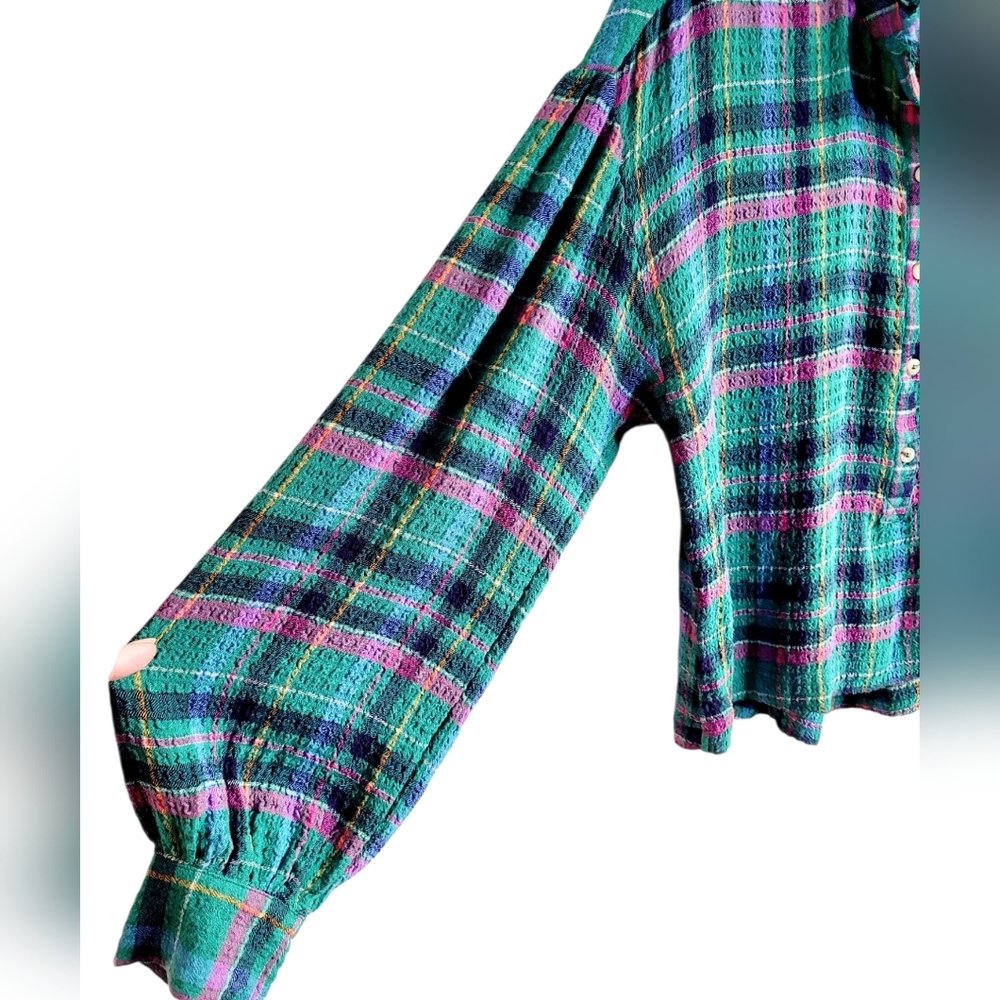 NWOT PILCRO × ANTHROPOLOGIE Plaid Seersucker Cropped Puff Sleeve Shirt Top S - Picture 7 of 10
